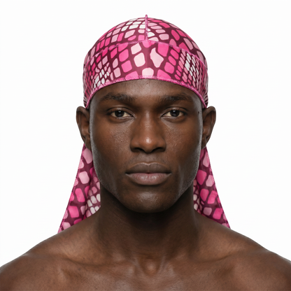 Hot Pink reptile snakeskin Satin Silky Durag worn by male model, front view on white background