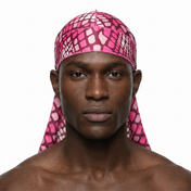 Hot Pink reptile snakeskin Satin Silky Durag worn by male model, front view on white background