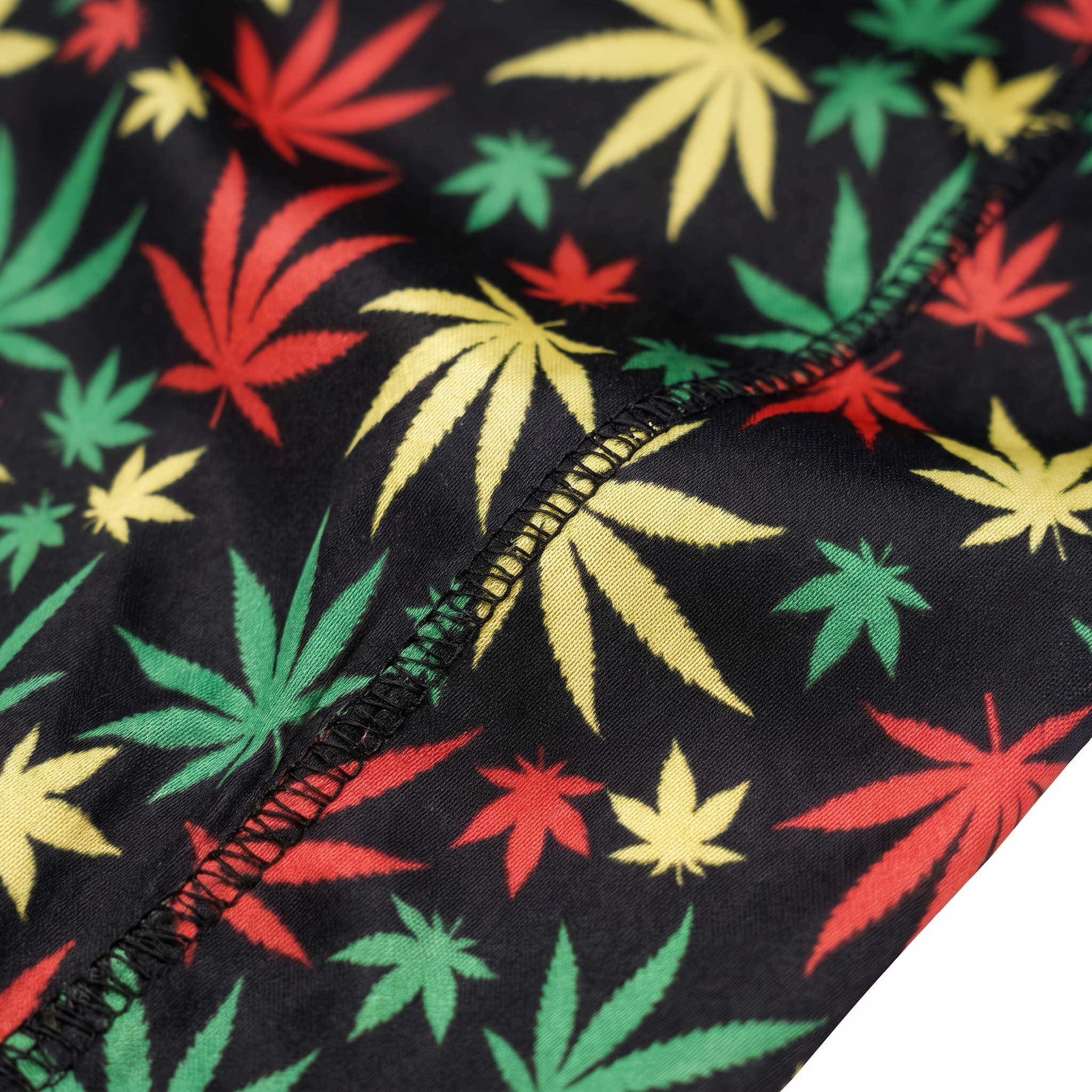 Rasta stripes Satin Silky Durag fabric close-up showing Rasta stripes print and stitching detail