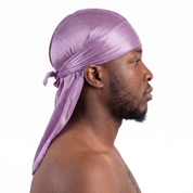 Premium Lavender Purple Silk Durag worn by male model, side profile showing fit and tail drape
