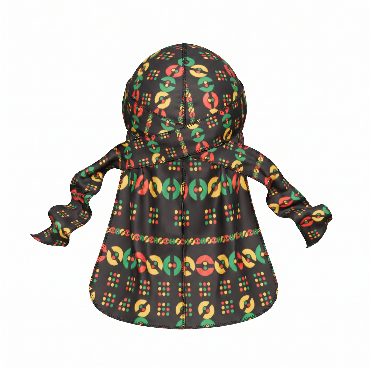 Juneteenth 5.0 red black and green Satin Silky Durag - premium silky durag back view showing wrap straps, tail and stitching