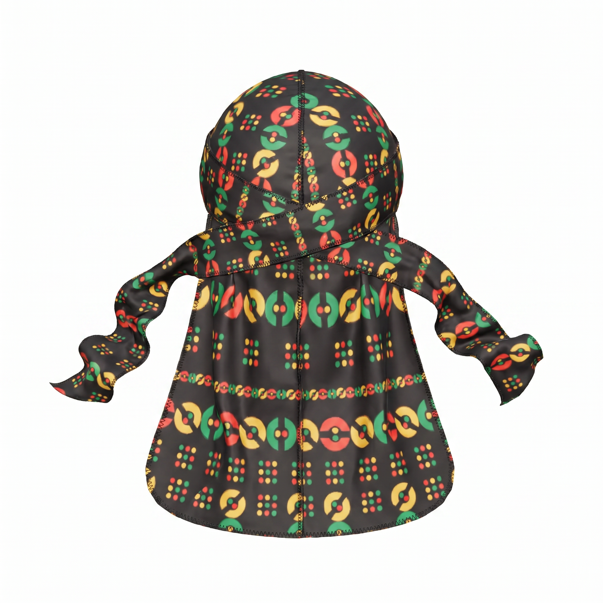 Juneteenth 5.0 red black and green Satin Silky Durag - premium silky durag back view showing wrap straps, tail and stitching