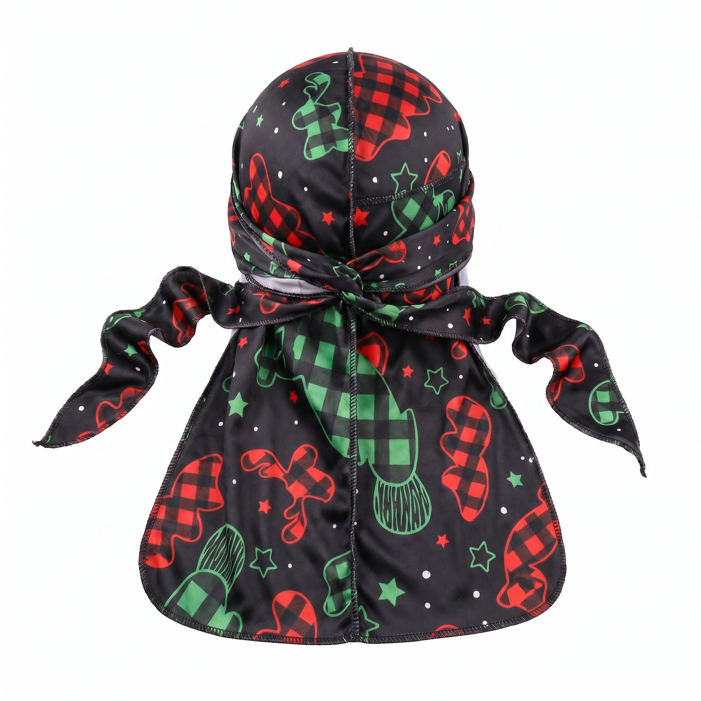 Christmas Time Black holiday Satin Silky Durag - premium silky durag back view showing wrap straps, tail and stitching