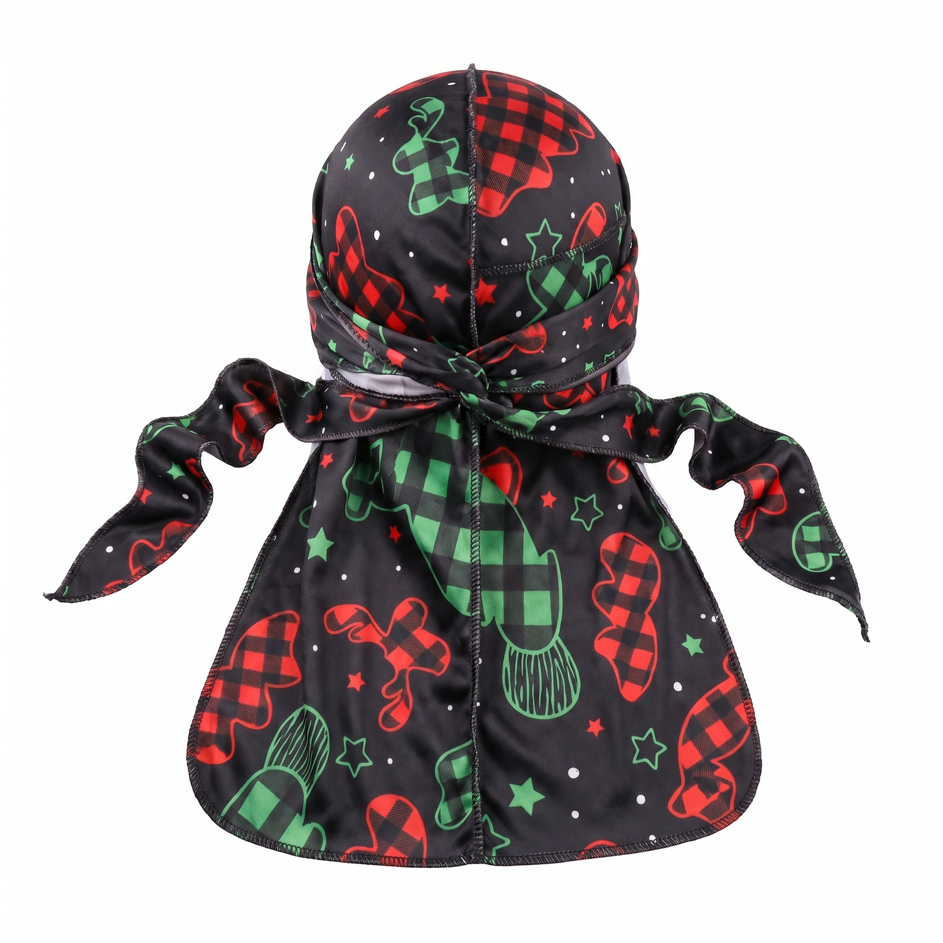 Christmas Time Black holiday Satin Silky Durag - premium silky durag back view showing wrap straps, tail and stitching