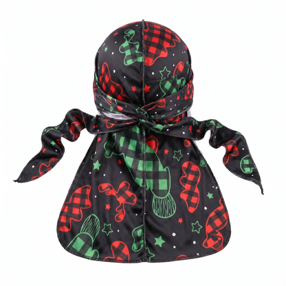 Christmas Time Black holiday Satin Silky Durag - premium silky durag back view showing wrap straps, tail and stitching
