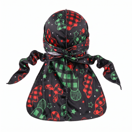Christmas Time Black holiday Satin Silky Durag - premium silky durag back view showing wrap straps, tail and stitching