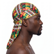 Juneteenth 6.0 red black and green Satin Silky Durag worn by male model, side profile showing fit and tail drape