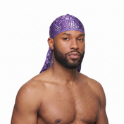 Purple reptile snakeskin Satin Silky Durag worn by male model, front view on white background