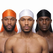 Premium Silk Durag Bundle Orange - three models wearing Orange, White and Black heavy silky durags