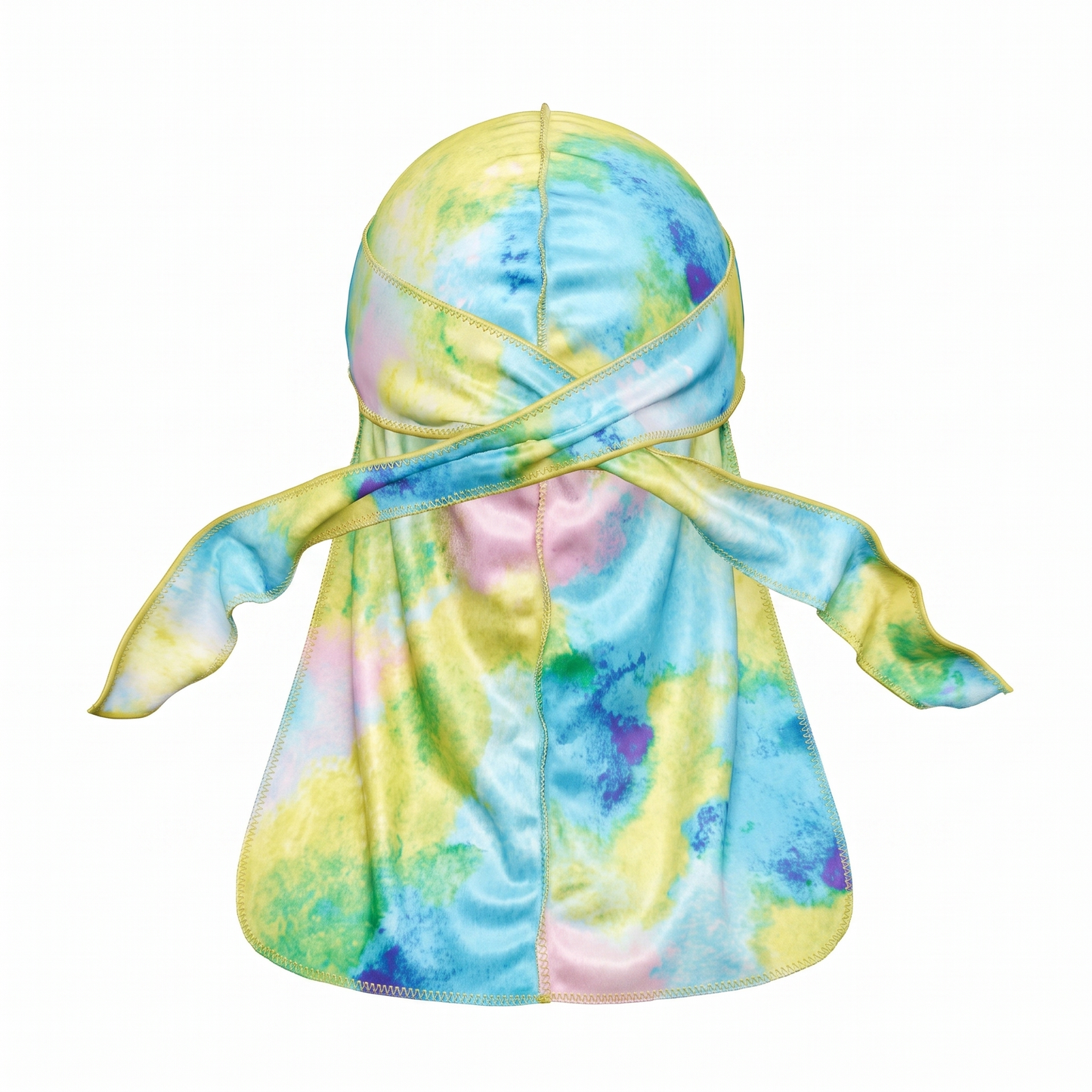 Pastel Island Love Satin Silky Durag - premium silky durag back view showing wrap straps, tail and stitching