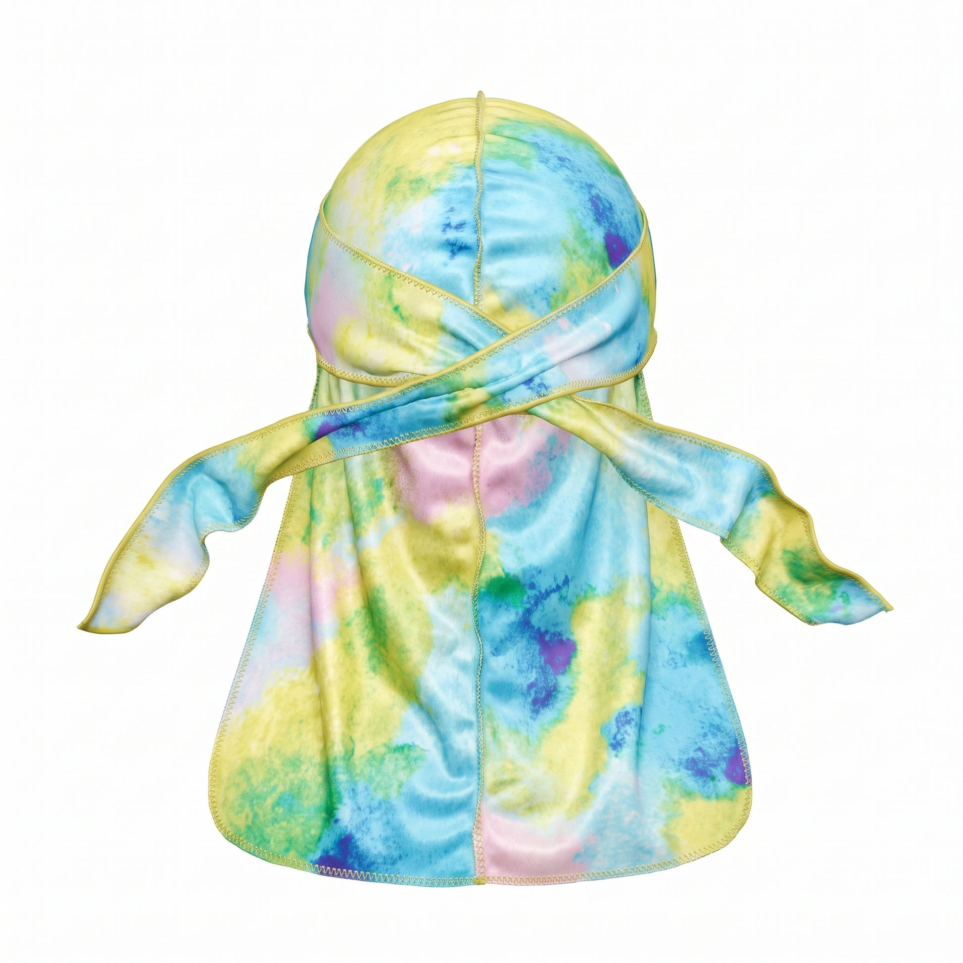 Pastel Island Love Satin Silky Durag - premium silky durag back view showing wrap straps, tail and stitching