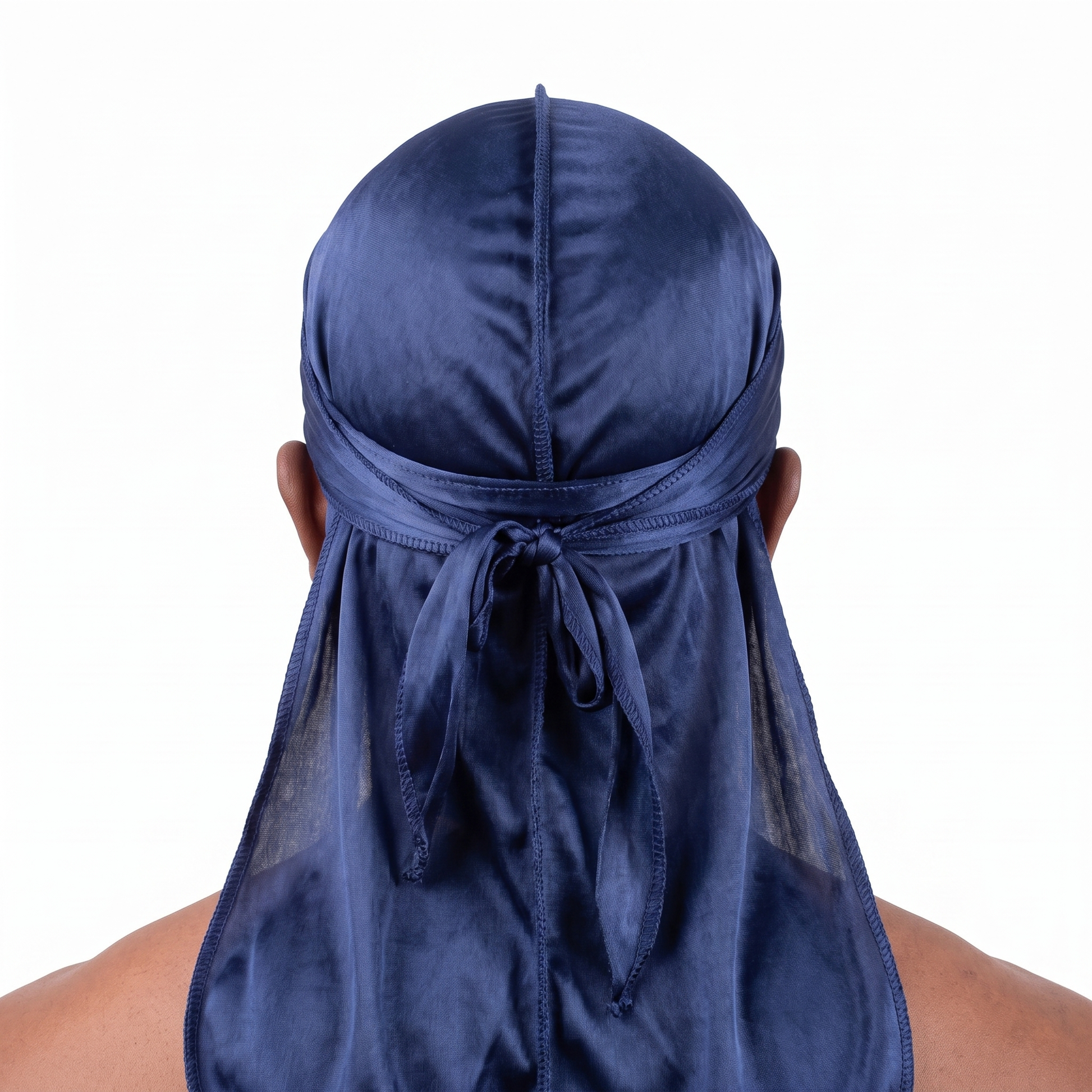 Premium Navy Blue Silk Durag worn by male model, back view showing tied wrap and tail