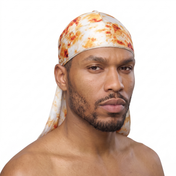 Bronze Tye Dye Satin Silky Durag worn by male model, front view on white background