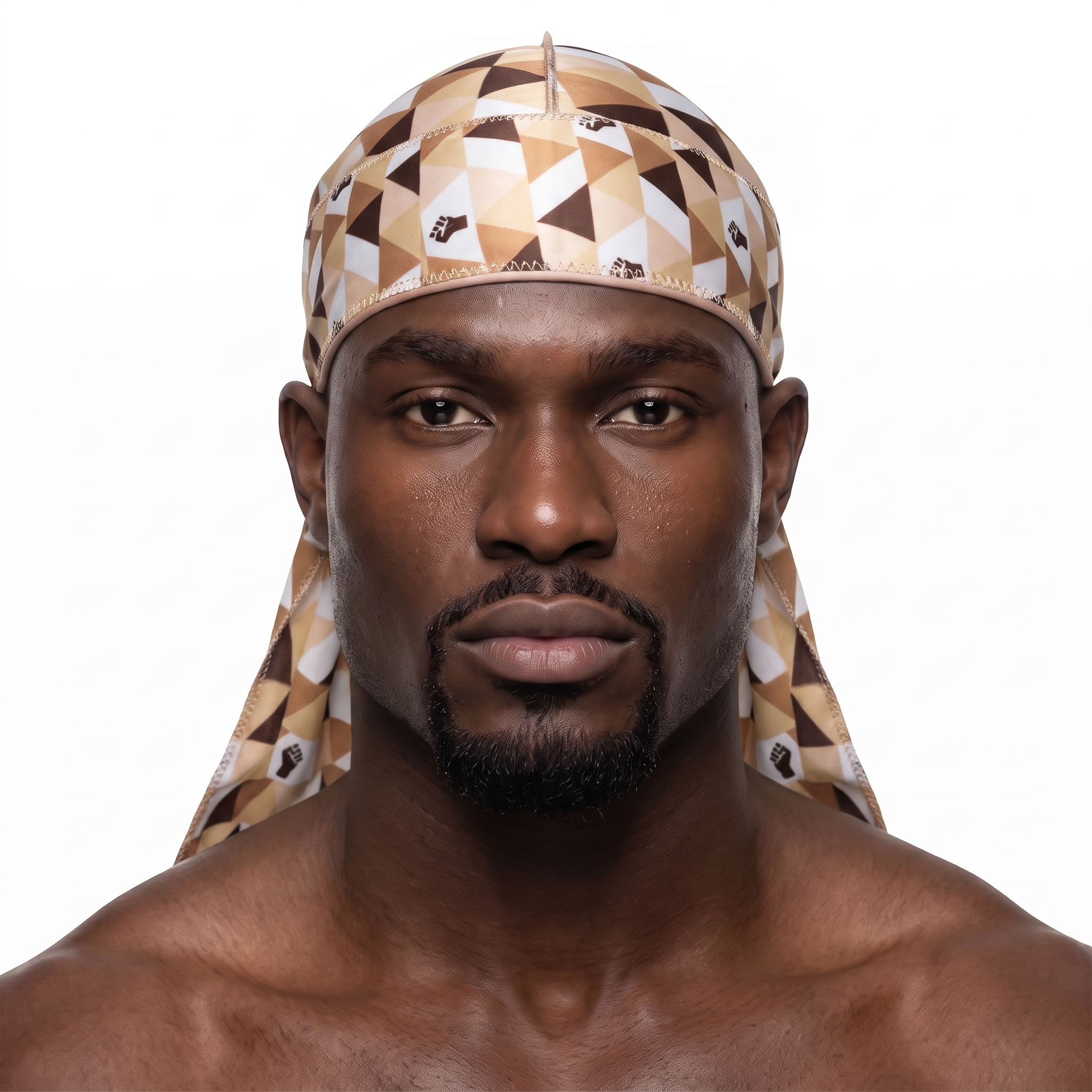 Black Power graphic Satin Silky Durag worn by male model, front view on white background