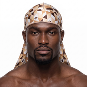 Black Power graphic Satin Silky Durag worn by male model, front view on white background