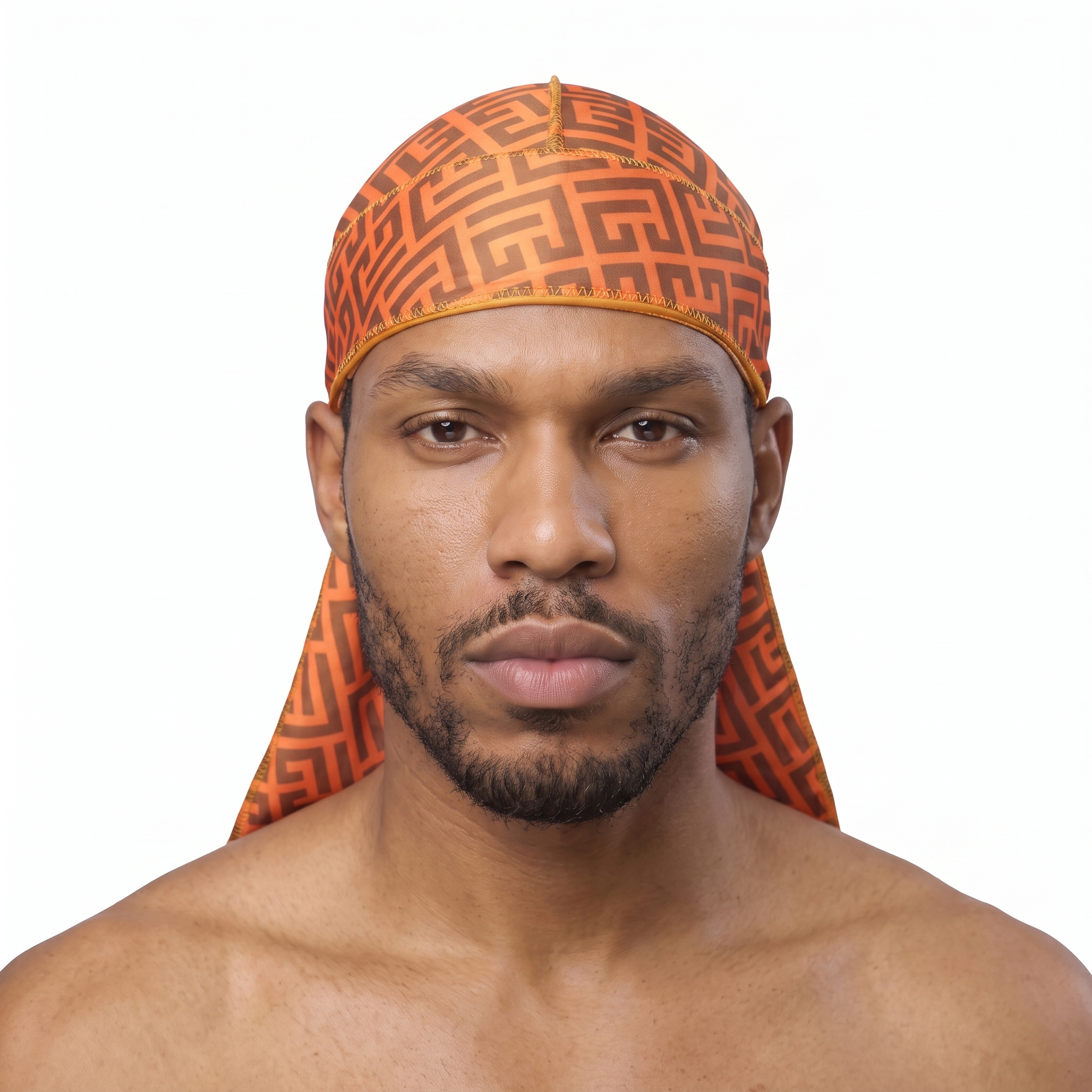 Orange and Brown Maze geometric Satin Silky Durag worn by male model, front view on white background