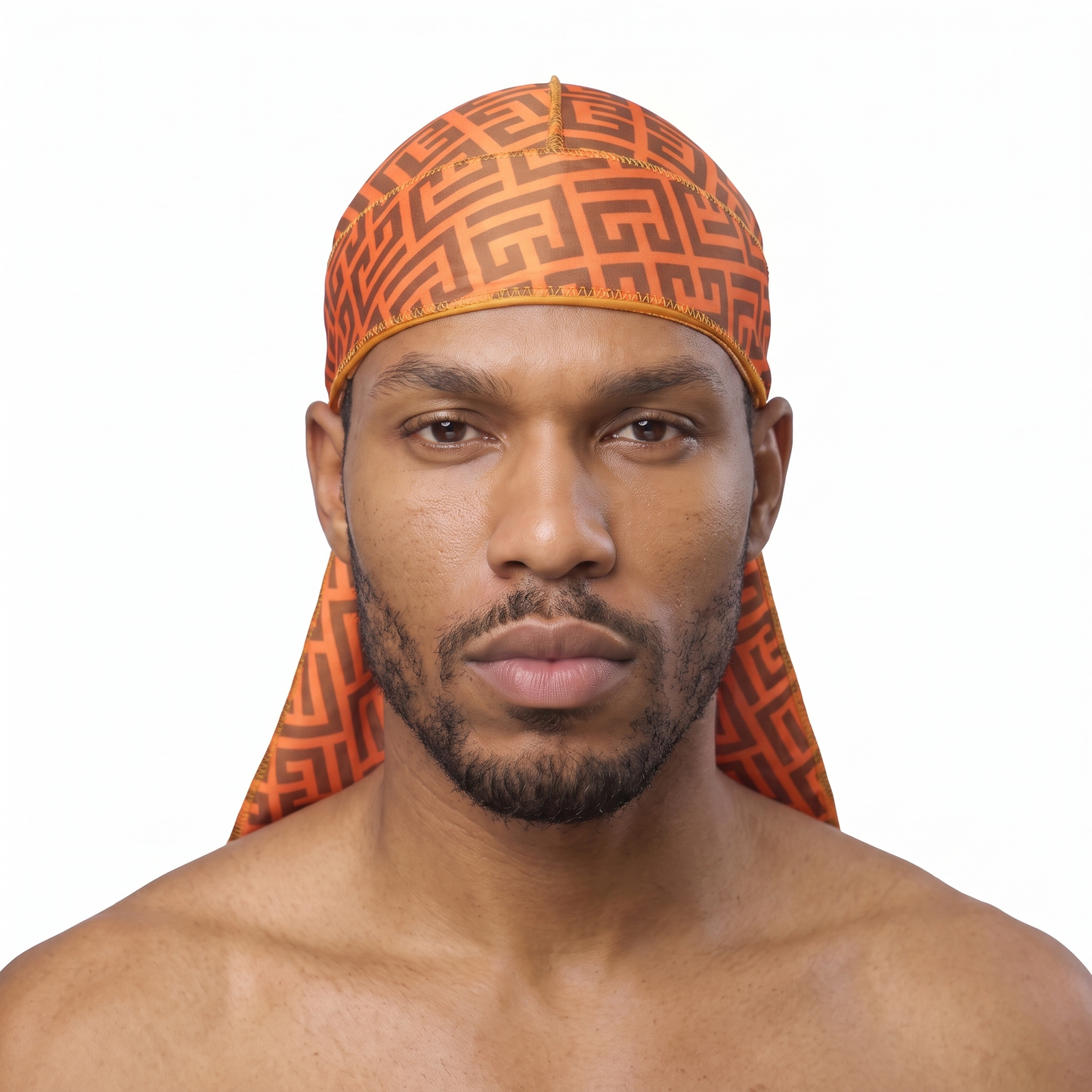 Orange and Brown Maze geometric Satin Silky Durag worn by male model, front view on white background