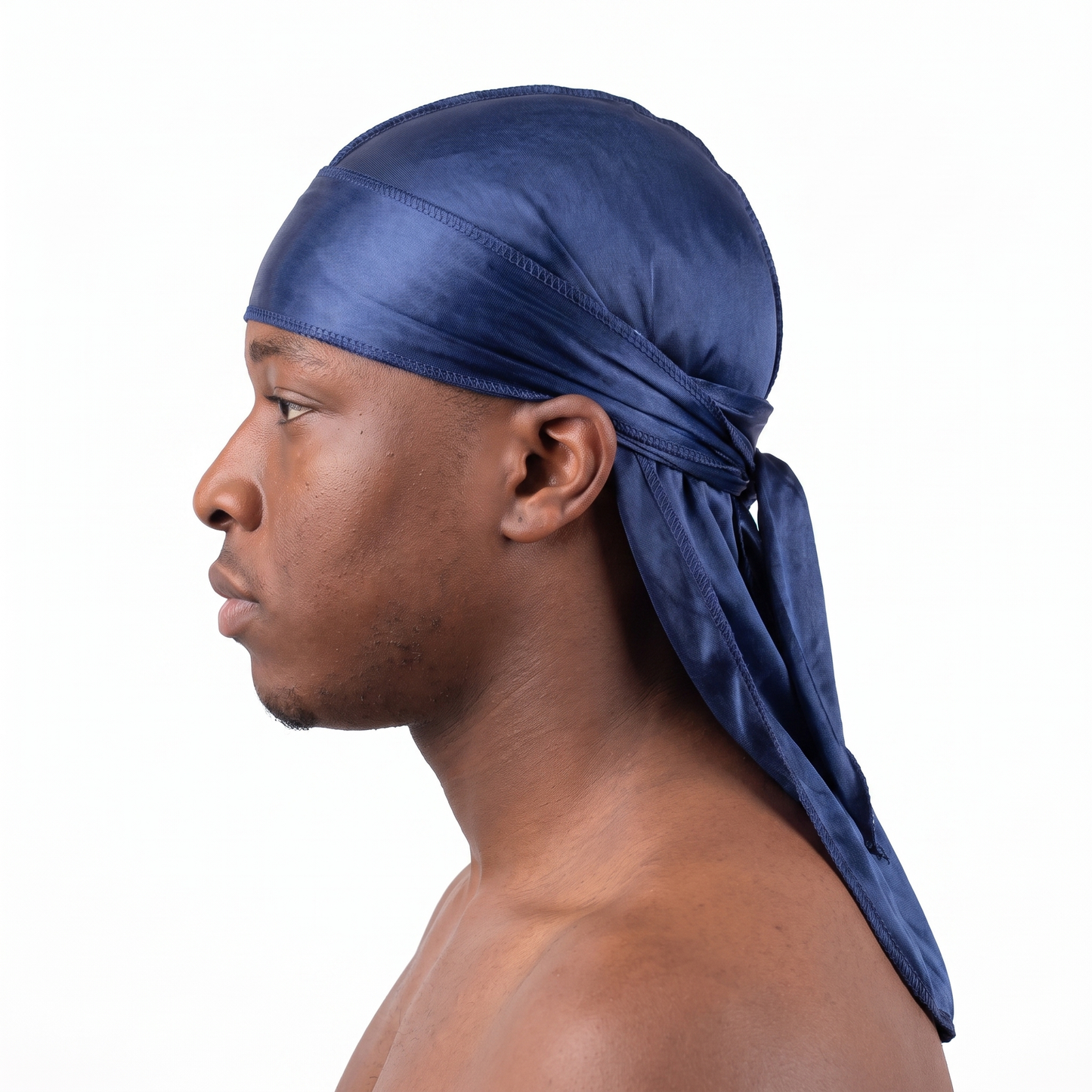 Premium Navy Blue Silk Durag worn by male model, side profile showing fit and tail drape