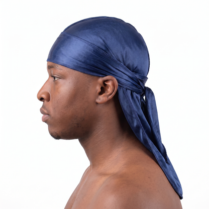 Premium Navy Blue Silk Durag worn by male model, side profile showing fit and tail drape