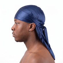 Premium Navy Blue Silk Durag worn by male model, side profile showing fit and tail drape