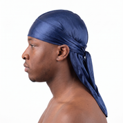 Premium Navy Blue Silk Durag worn by male model, side profile showing fit and tail drape