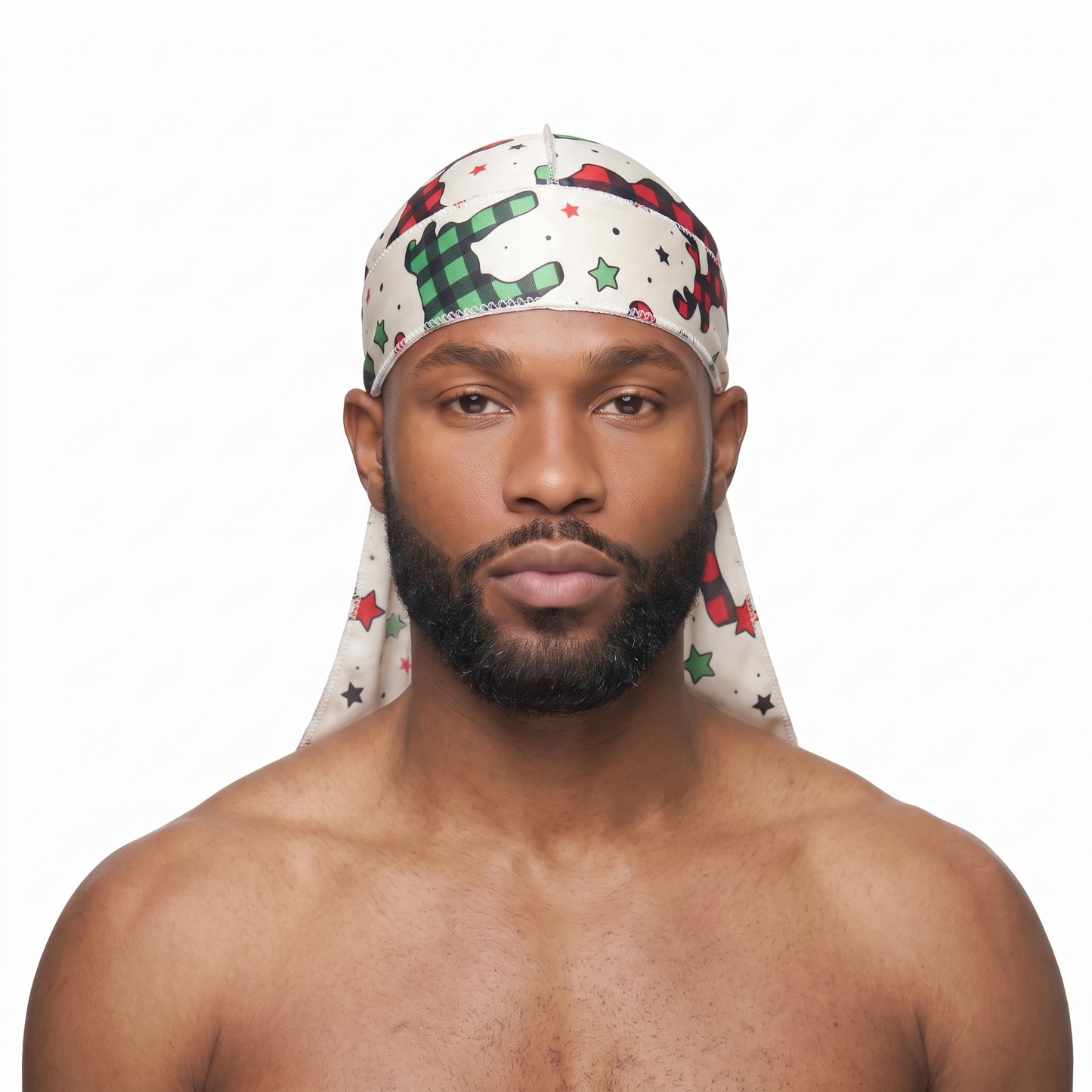 Christmas Time Cream holiday Satin Silky Durag worn by male model, front view on white background