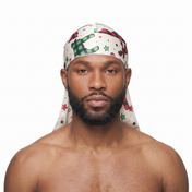 Christmas Time Cream holiday Satin Silky Durag worn by male model, front view on white background