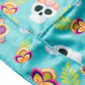Cinco De Mayo Turquoise festive Satin Silky Durag fabric close-up showing Cinco De Mayo Turquoise festive print and stitching detail