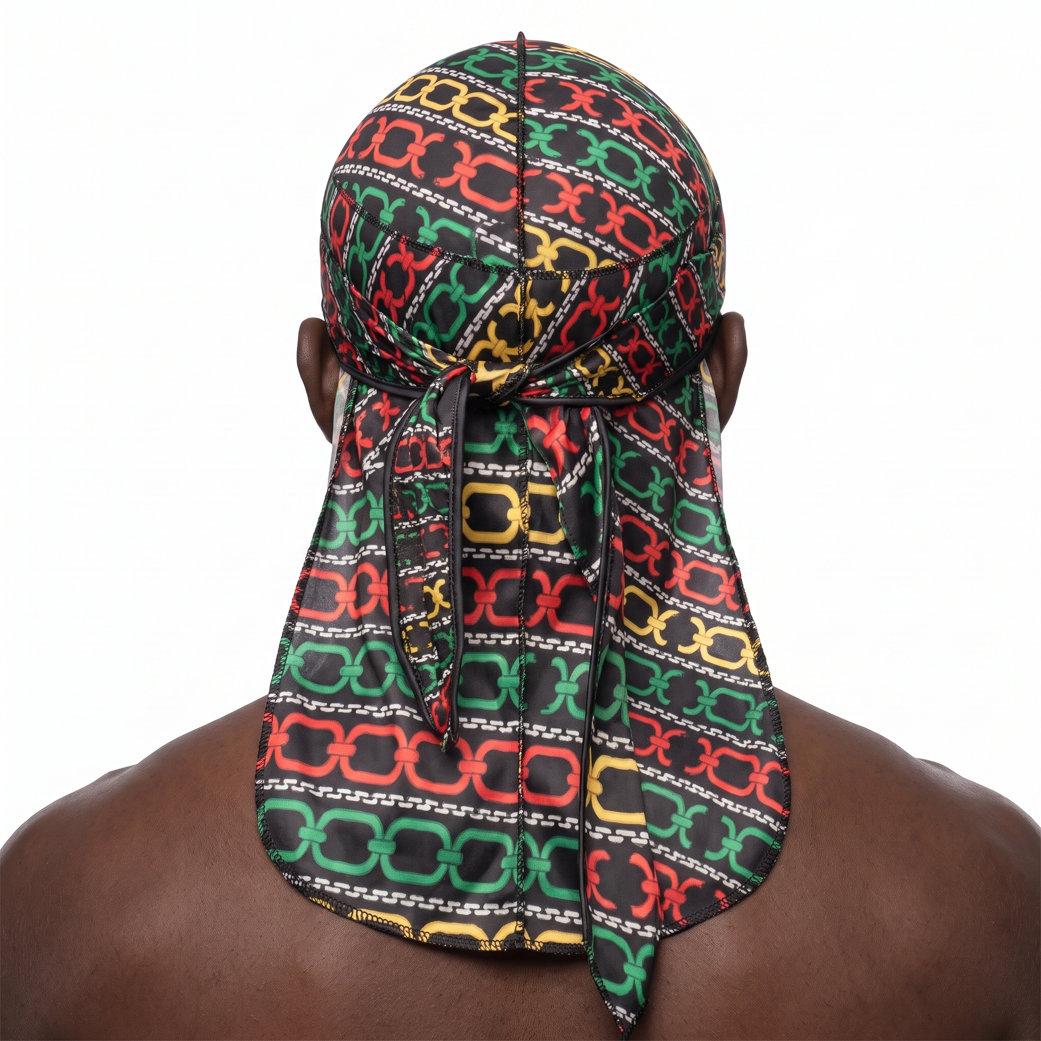 Juneteenth 1.0 red black and green Satin Silky Durag worn by male model, back view showing tied wrap and tail