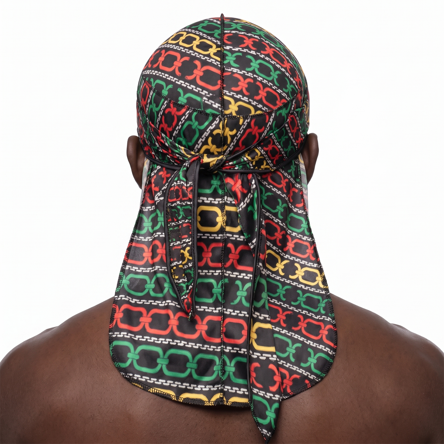 Juneteenth 1.0 red black and green Satin Silky Durag worn by male model, back view showing tied wrap and tail