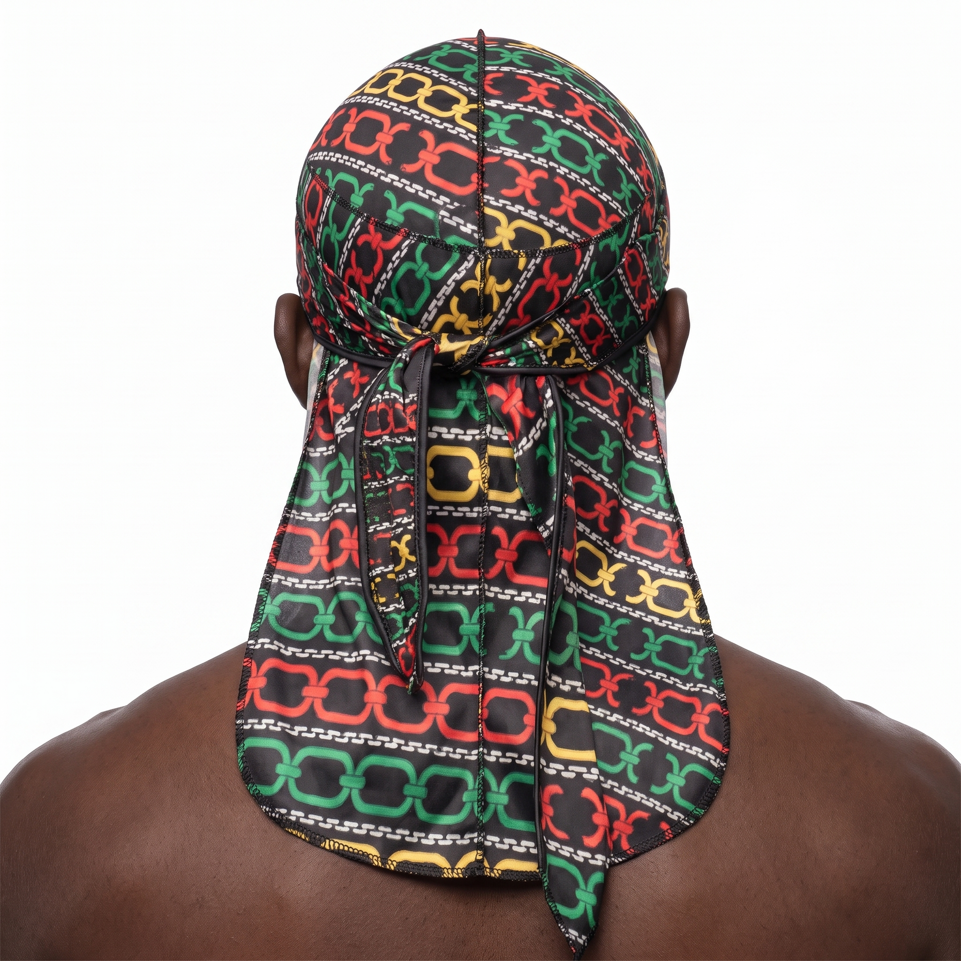 Juneteenth 1.0 red black and green Satin Silky Durag worn by male model, back view showing tied wrap and tail