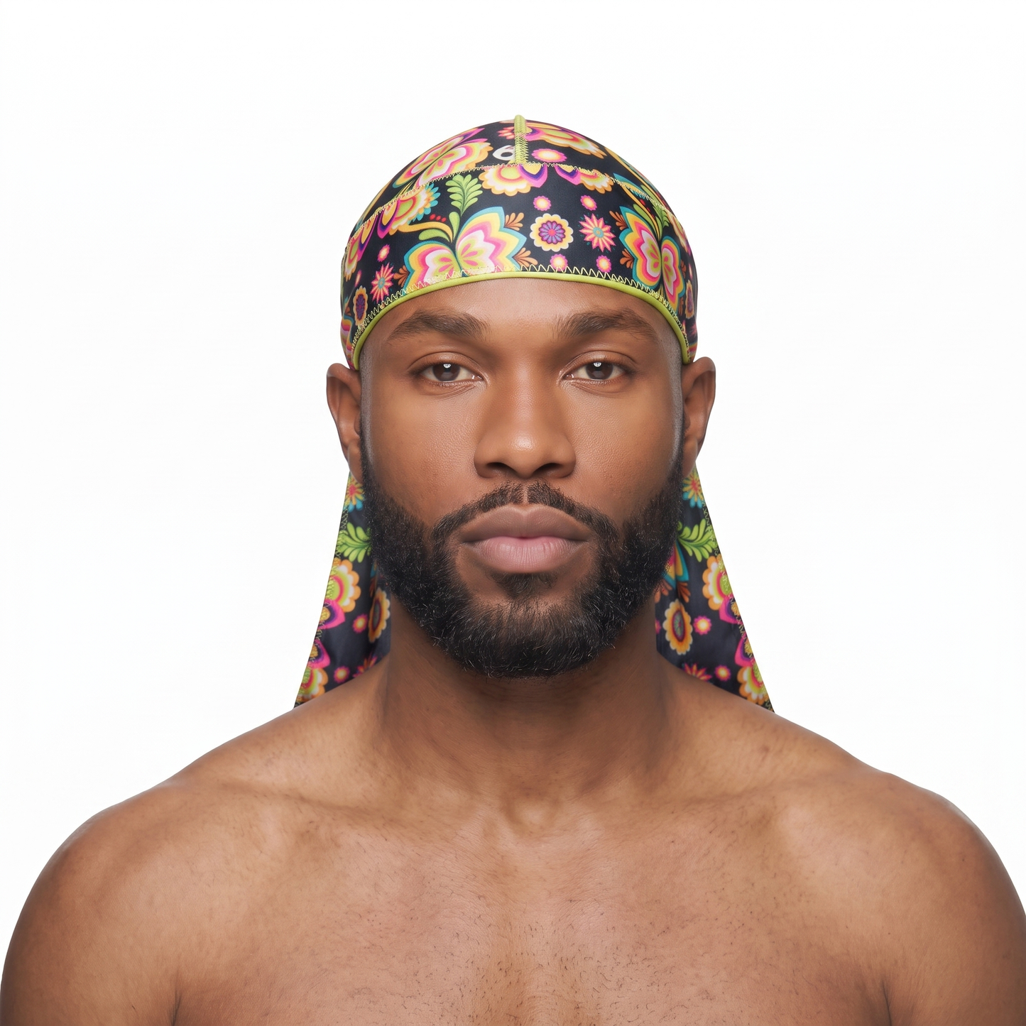 Cinco De Mayo Black 2.0 festive Satin Silky Durag worn by male model, front view on white background
