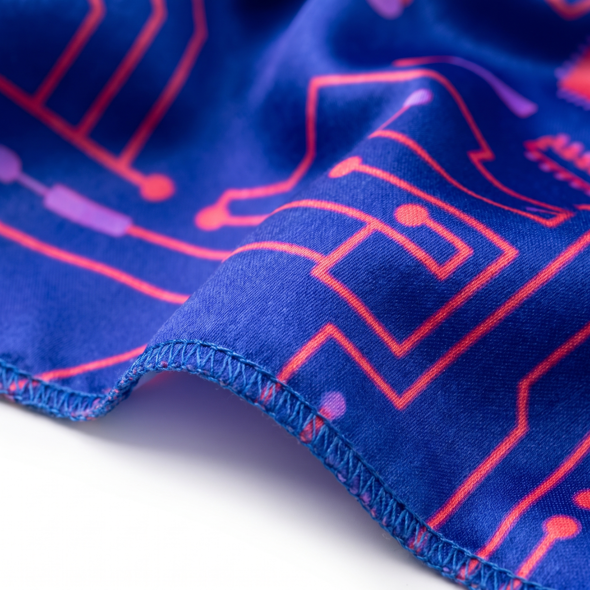 Digital Blue and Red pixel Satin Silky Durag fabric close-up showing Digital Blue and Red pixel print and stitching detail
