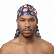 Cinco De Mayo Black festive Satin Silky Durag worn by male model, front view on white background