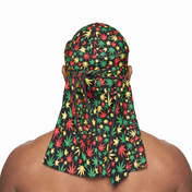Cannabis Rasta leaf print Satin Silky Durag worn by male model, back view showing tied wrap and tail