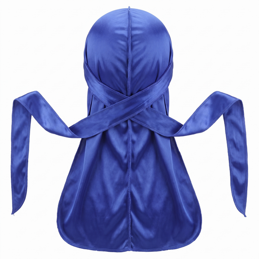 Premium Silk Durag Persian Blue - premium heavy silky durag back view showing wrap straps, tail and stitching
