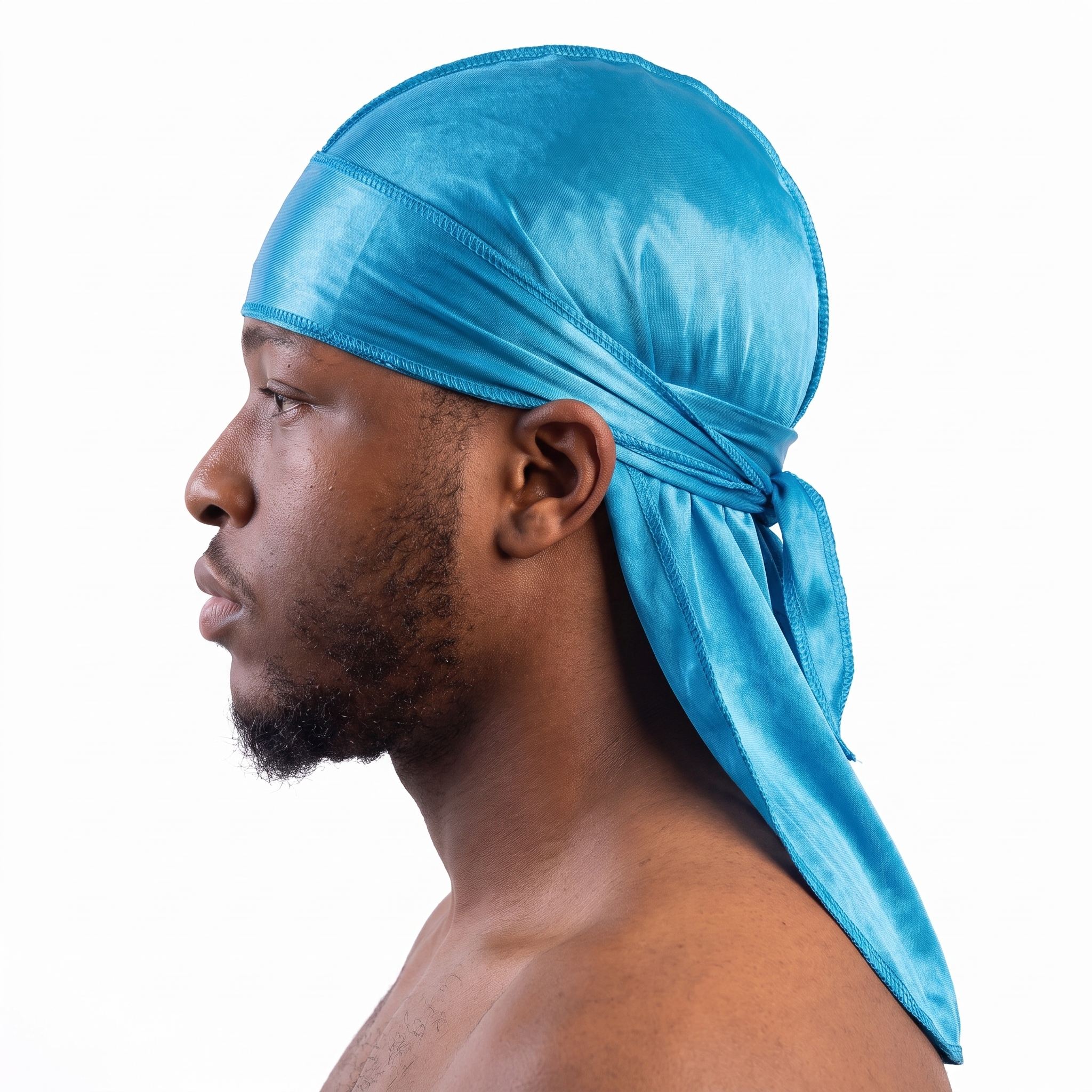 Premium Turquoise Blue Silk Durag worn by male model, side profile showing fit and tail drape