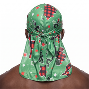 Christmas Time Green holiday Satin Silky Durag worn by male model, back view showing tied wrap and tail