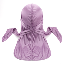 Premium Lavender Purple Silk Durag - premium heavy silky durag back view showing wrap straps, tail and stitching