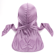 Premium Lavender Purple Silk Durag - premium heavy silky durag back view showing wrap straps, tail and stitching
