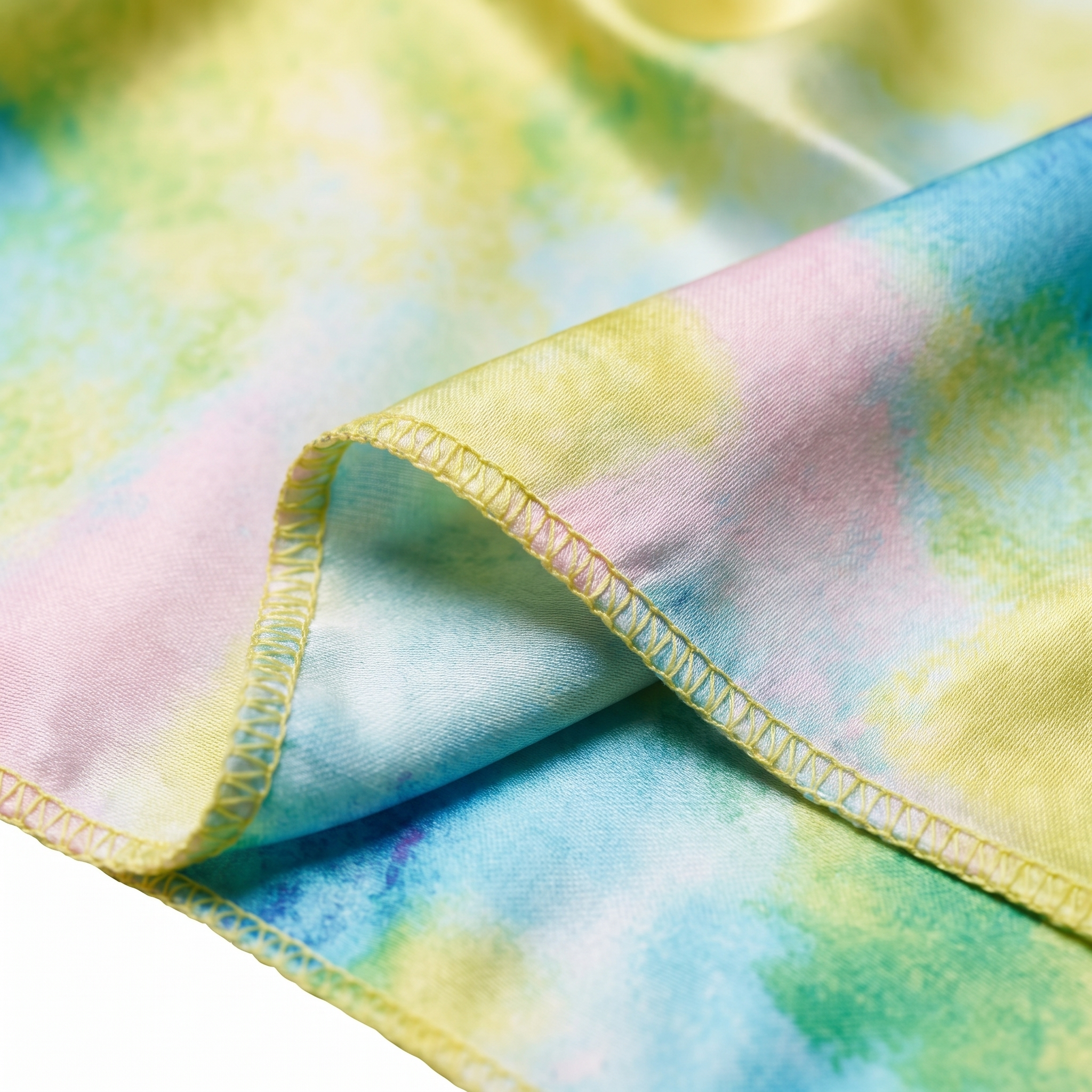 Pastel Island Love Satin Silky Durag fabric close-up showing Pastel Island Love print and stitching detail