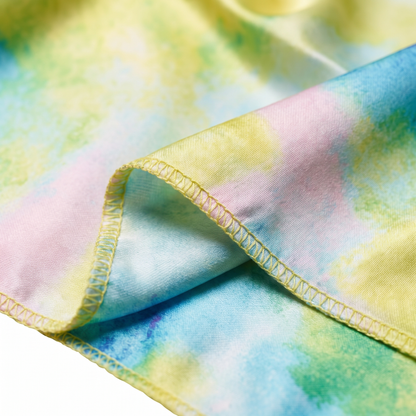 Pastel Island Love Satin Silky Durag fabric close-up showing Pastel Island Love print and stitching detail