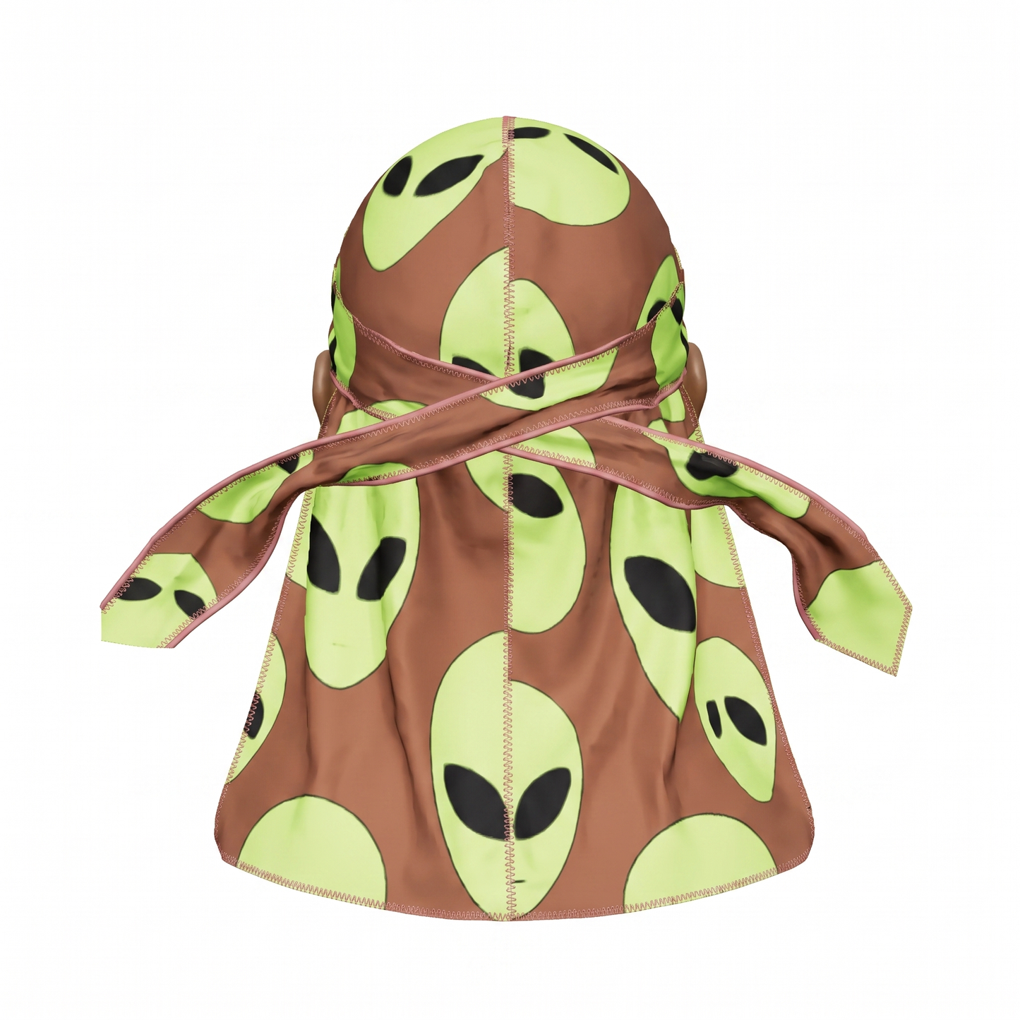 Alien Brown graphic Satin Silky Durag - premium silky durag back view showing wrap straps, tail and stitching