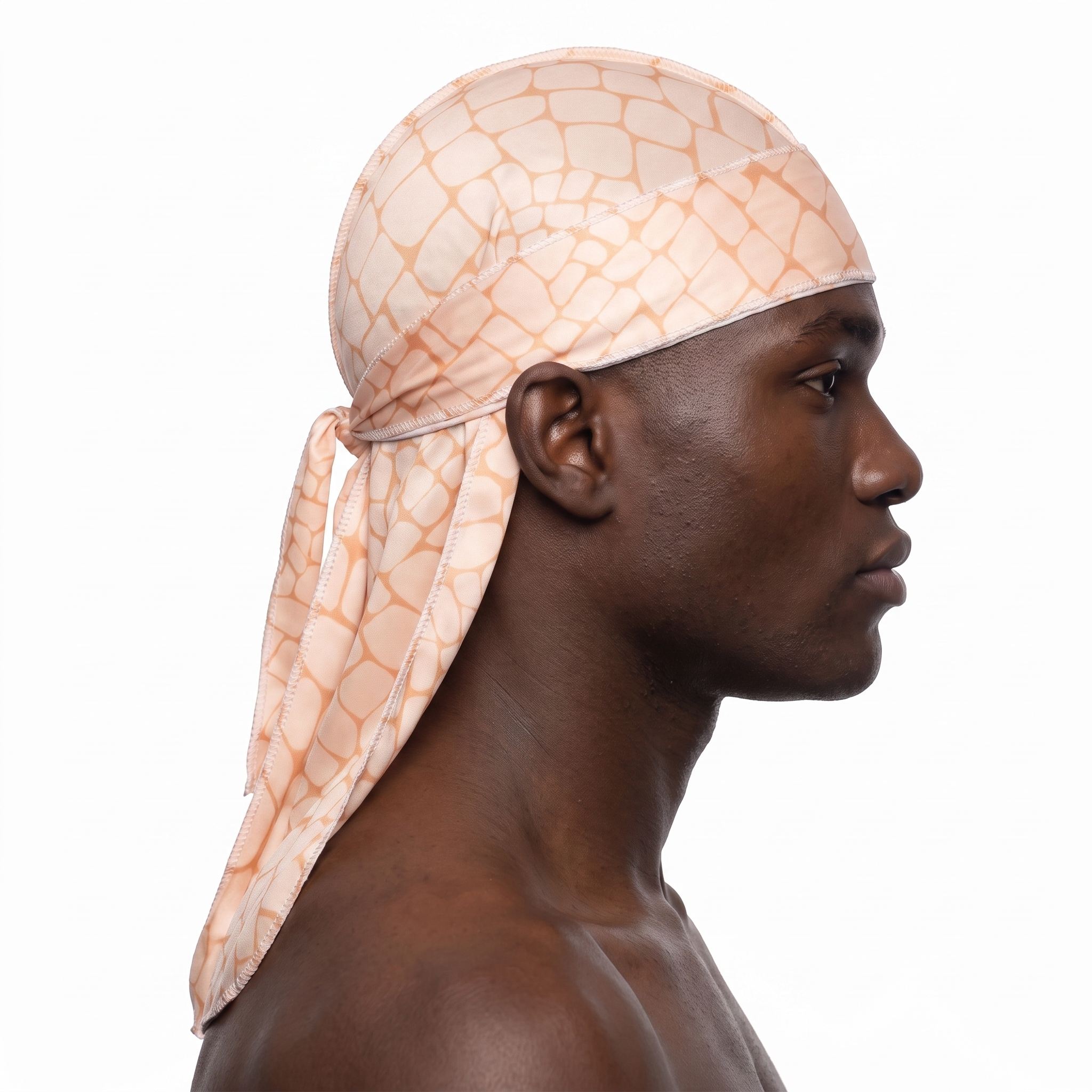 Peach crocodile skin Satin Silky Durag worn by male model, side profile showing fit and tail drape