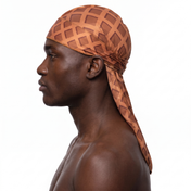 Chocolate Cone ice cream Satin Silky Durag worn by male model, side profile showing fit and tail drape