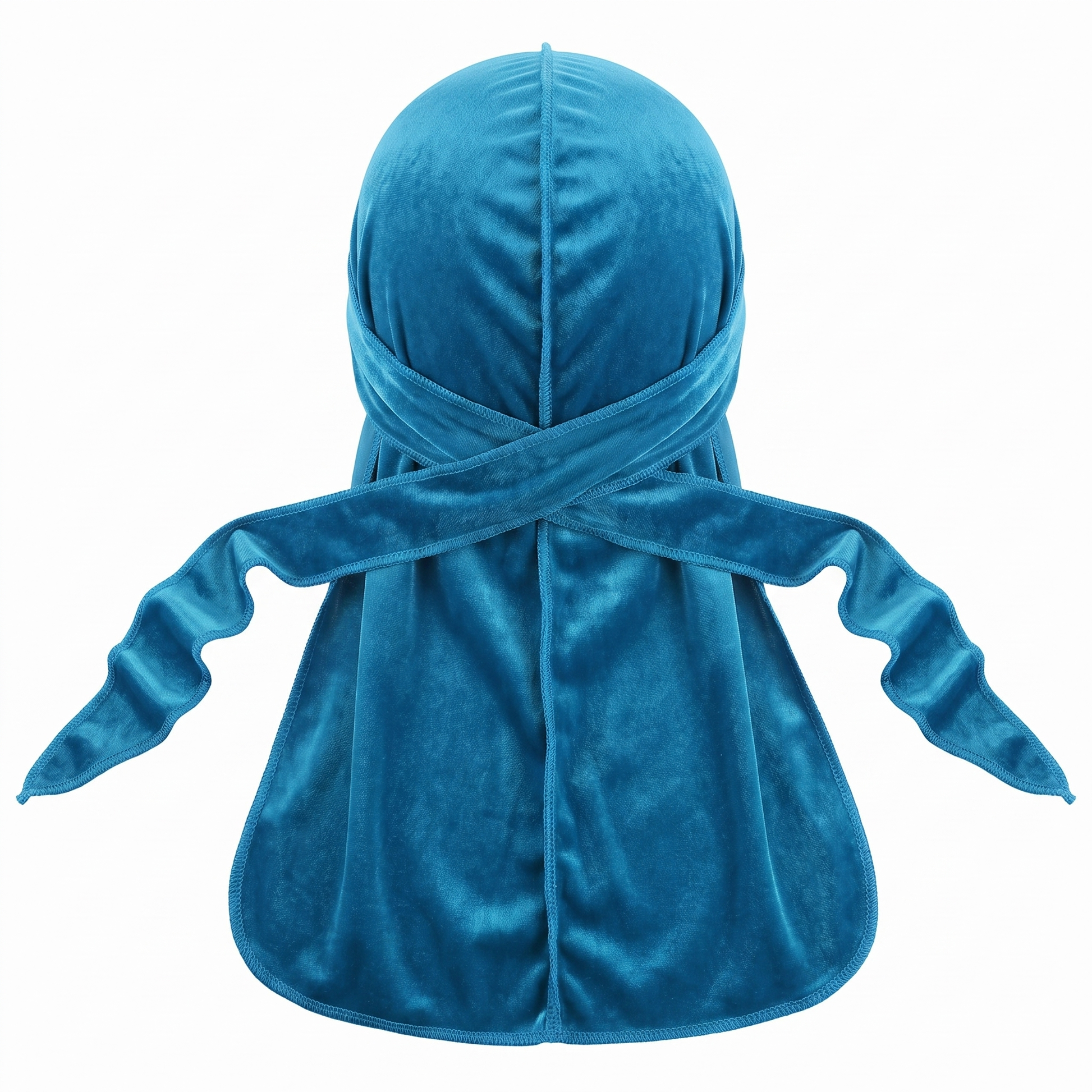 Premium Turquoise Blue Velvet Durag - premium velvet durag back view showing wrap straps, tail and stitching