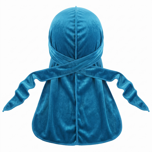 Premium Turquoise Blue Velvet Durag - premium velvet durag back view showing wrap straps, tail and stitching