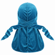 Premium Turquoise Blue Velvet Durag - premium velvet durag back view showing wrap straps, tail and stitching