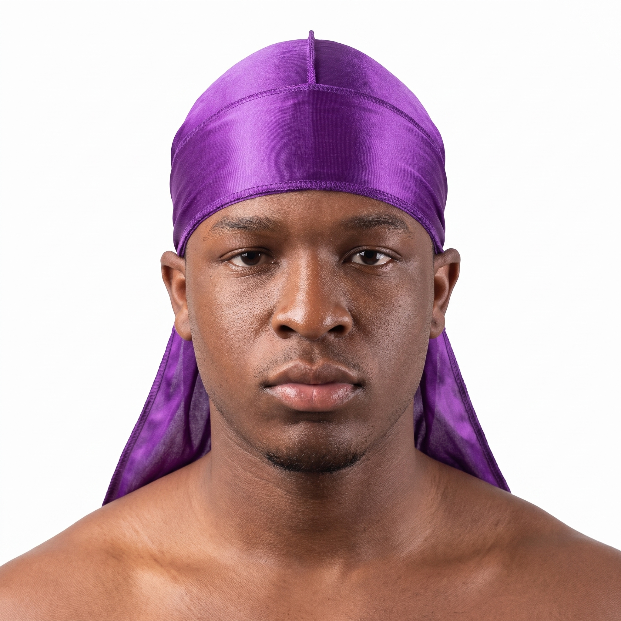 Premium Purple Silk Durag worn by male model, front view on white background