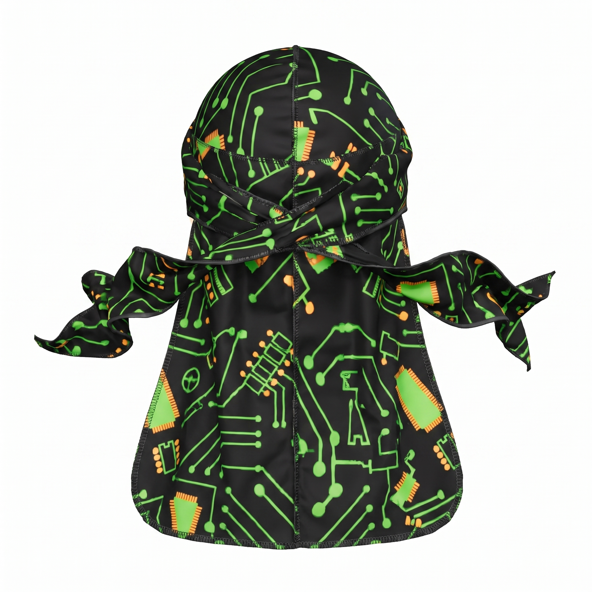 Digital Black pixel Satin Silky Durag - premium silky durag back view showing wrap straps, tail and stitching